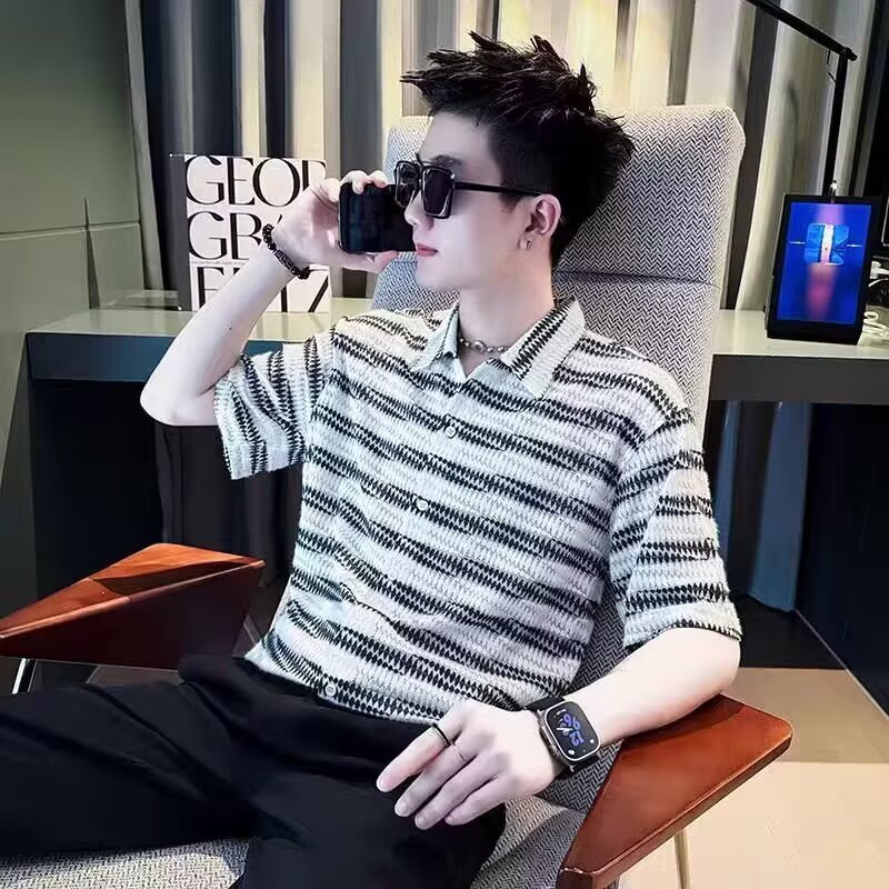 老钱风条纹短袖套头男夏季薄款透气翻领半袖韩系通勤穿搭