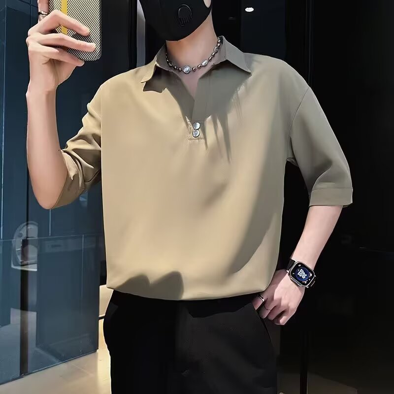 痞帅男士短袖T恤夏季新款七分袖衬衫轻熟风衣服高级感V领polo衫潮