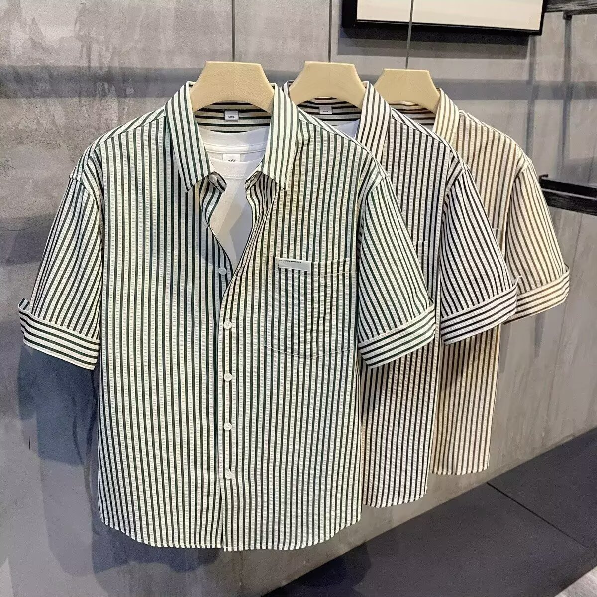 韩风日系男士夏季时尚宽松潮流感百搭ins风休闲条纹衬衫衬衣短袖