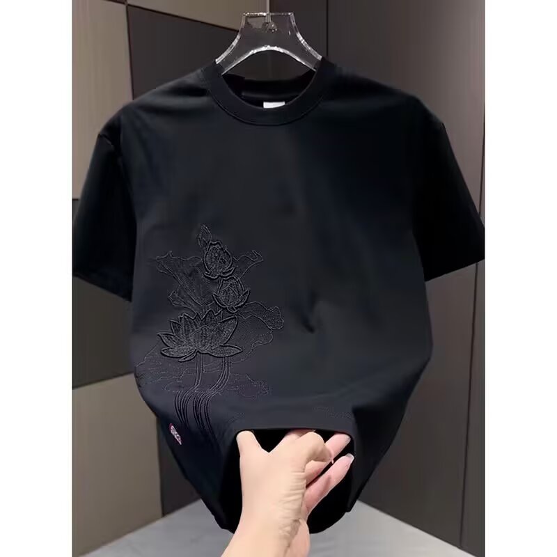 夏季新款时尚设计感国风刺绣短袖T恤男士圆领休闲百搭半袖打底衫