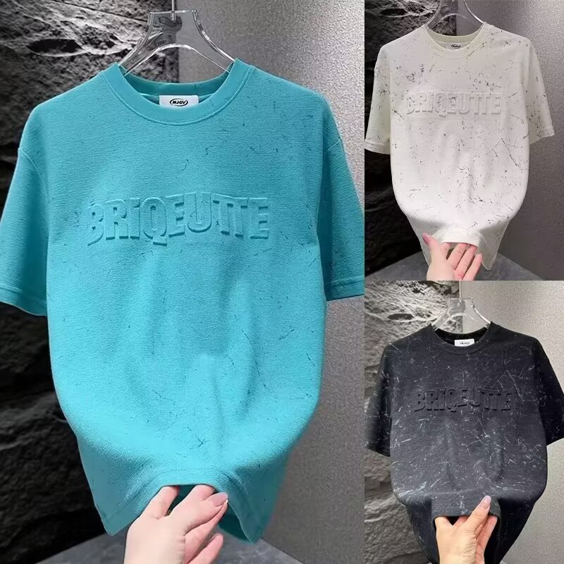 美式复古凹凸字母短袖t恤男夏季宽松设计感潮牌学生痞帅半袖体恤