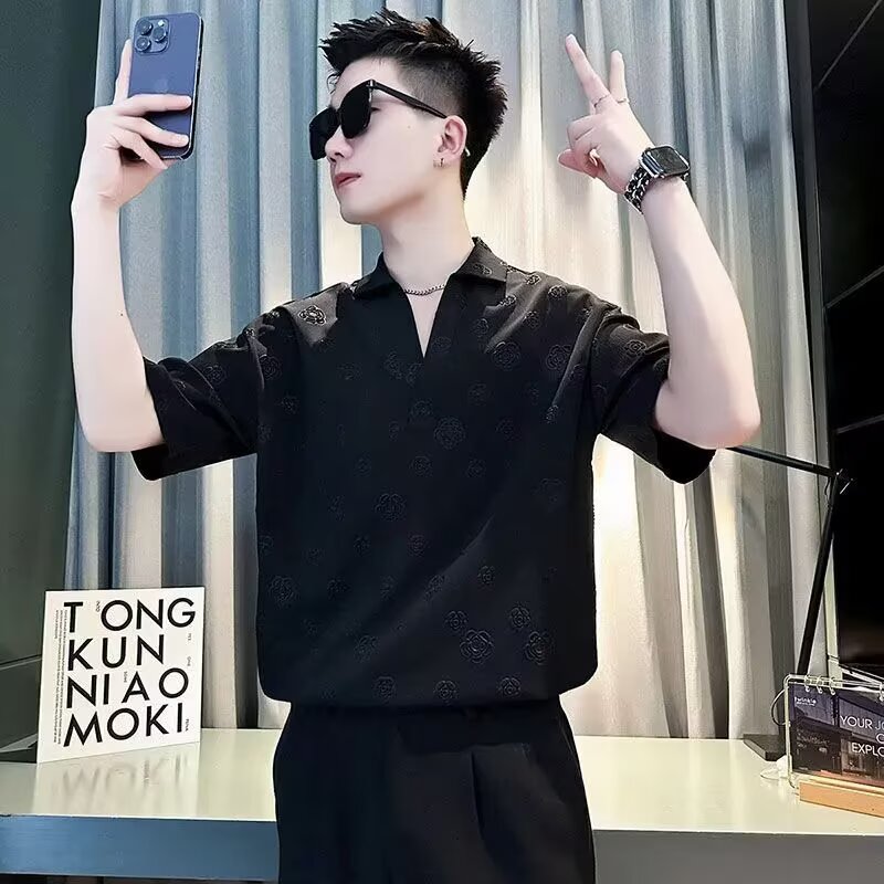 痞帅薄款提花短袖高级衬衫古巴夏季衬衣复古镂空宽松小众设计休闲