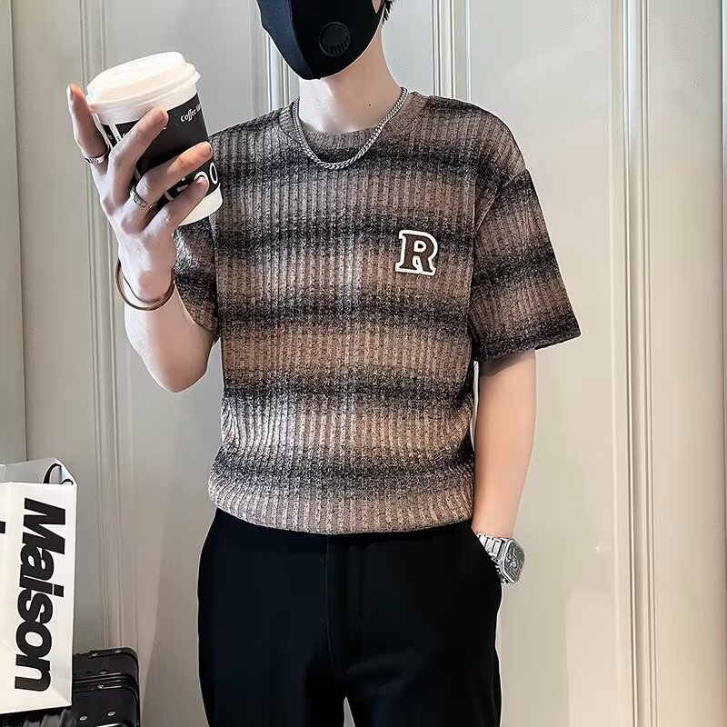 日系复古重磅条纹短袖男夏季新款宽松休闲ins潮流简约潮体恤上衣