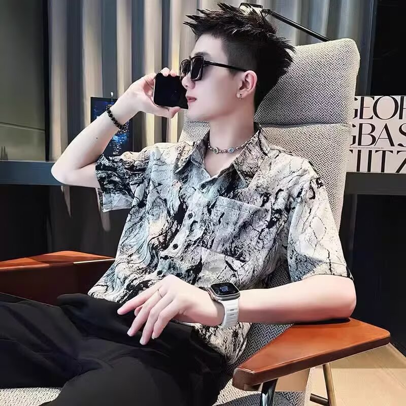 夏季短袖衬衫男2026新款潮流水墨扎染中国风垂感个性半袖衬衣