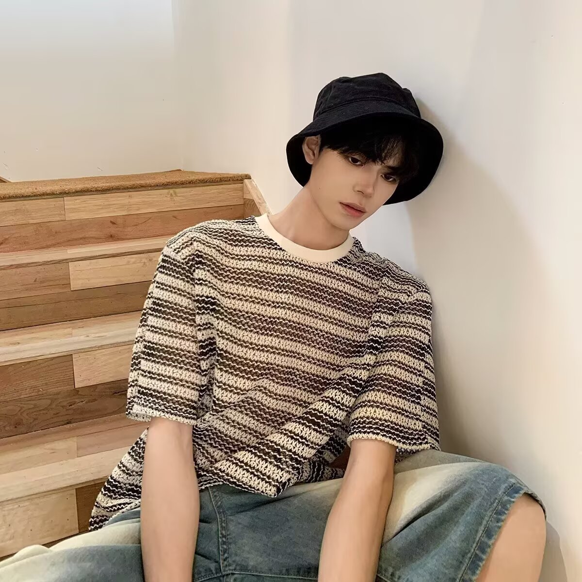 复古撞色针织镂空短袖男女条纹t恤2025宽松休闲情侣夏装圆领上衣