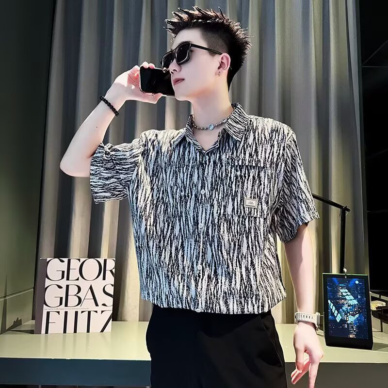 日系复古慵懒风衬衫扎染衬衫男短袖夏季薄款高级感痞帅五分袖衬衣