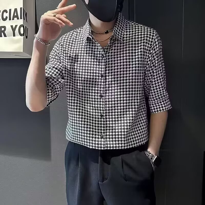 千鸟格衬衫男士短袖夏季潮牌男装新款衣服男款小香风衬衣