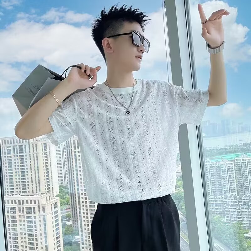 高级感镂空短袖T恤男夏季半袖ins潮牌短袖2026新款男装上衣半截袖