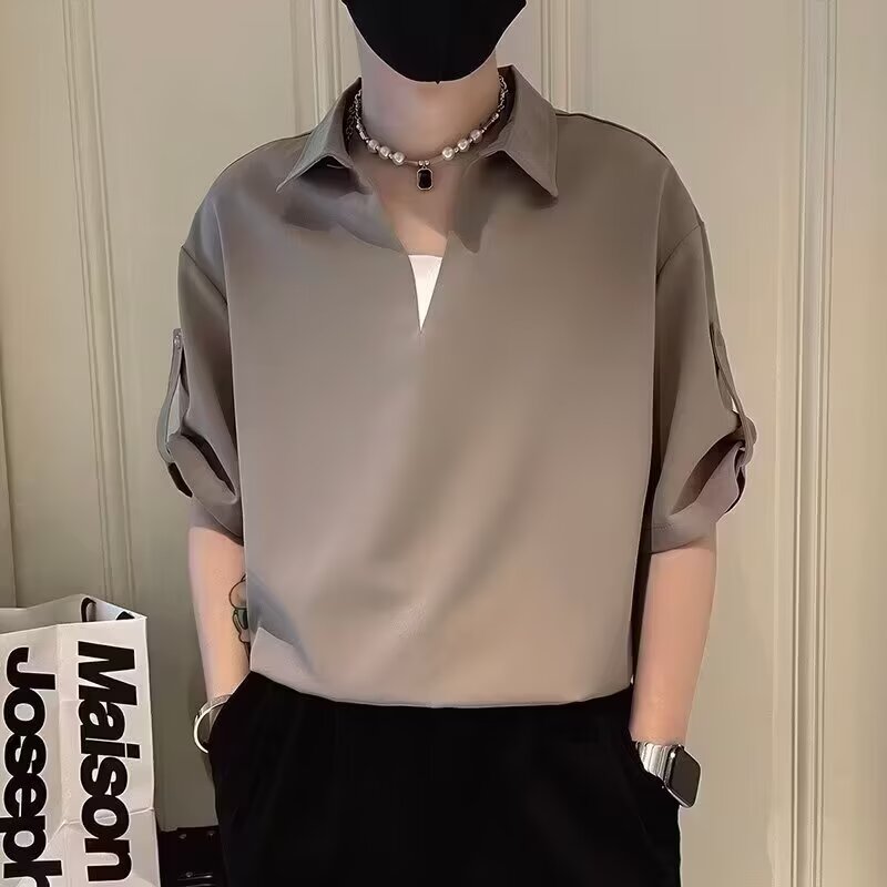 轻熟风衬衫领polo衫男设计感假两件短袖网红高级感v领免烫t恤