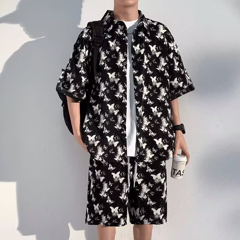 欧货夏季新款男士翻领印花短袖短裤套装时尚修身弹力型男套装