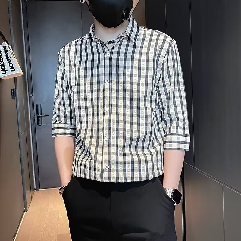 2026新款潮流中袖衬衫男士夏季韩版格子休闲衬衣服青年时尚七分袖