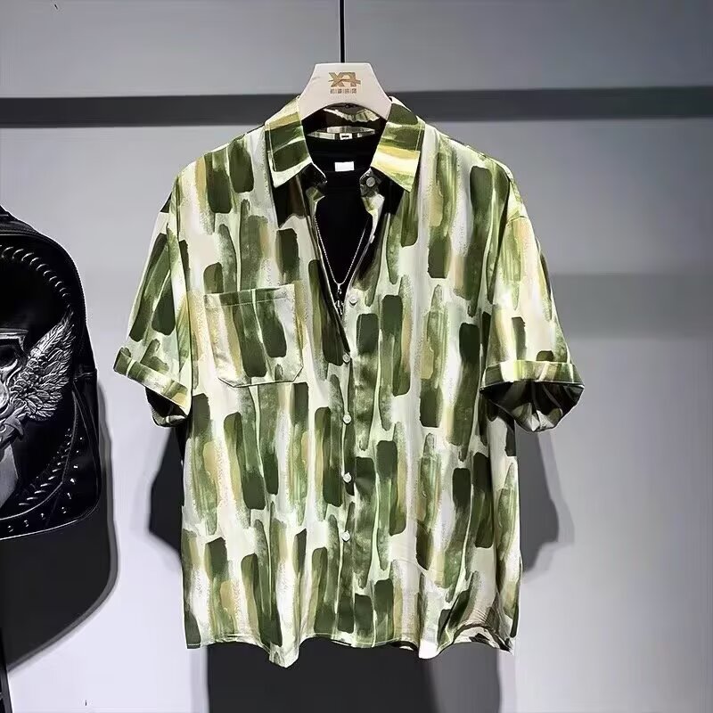 泼墨印花休闲时尚流行五分袖衬衫男2026夏季新款宽松百搭短袖衬衣