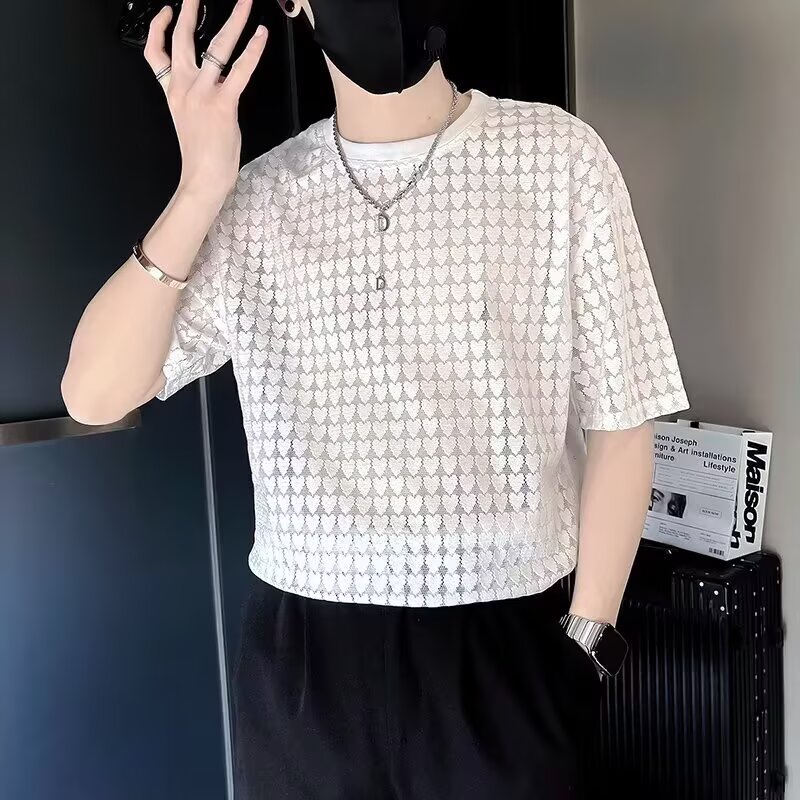 美式潮牌青少年2026夏季新款设计感打底衫蕾丝爱心五分短袖上衣