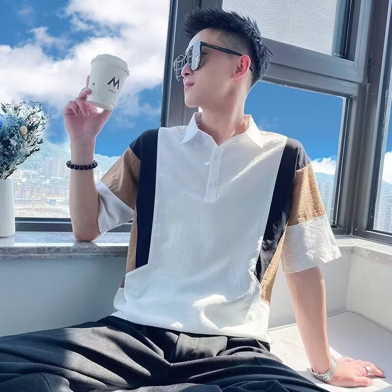 衬衫领polo衫男装小众设计感夏季短袖潮牌痞帅翻领拼接T恤五分袖
