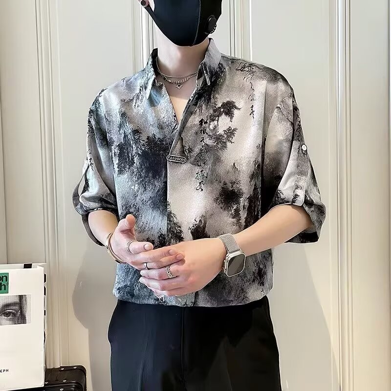 夏季短袖衬衫男2026新款潮流水墨扎染中国风冰丝垂感个性半袖衬衣