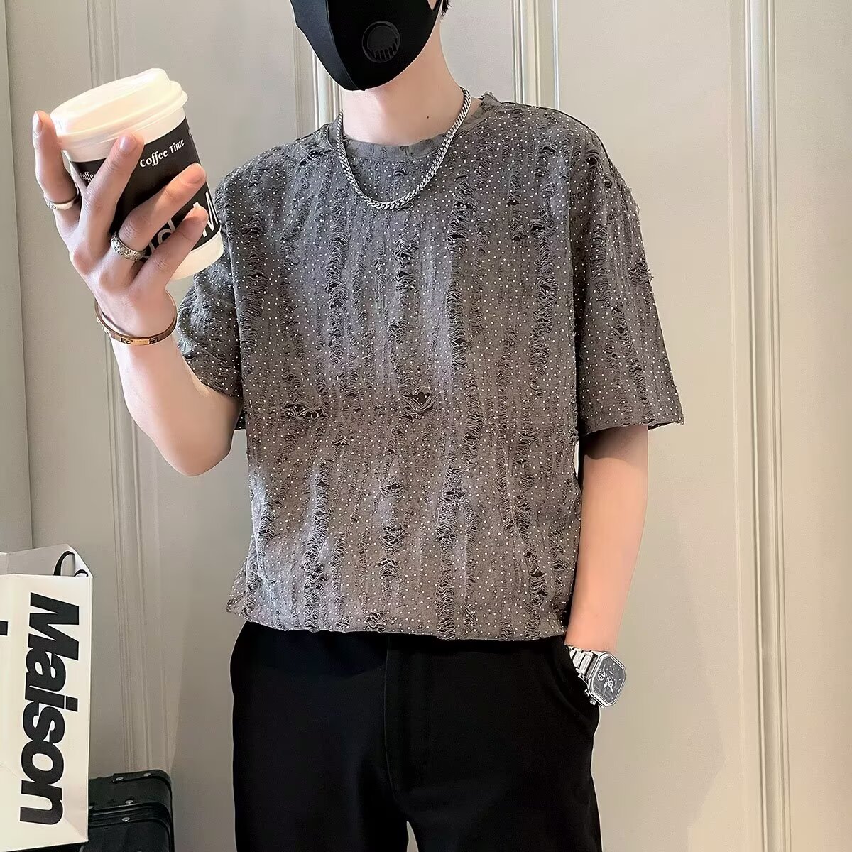 短袖男士春秋季新款舒适宽松时尚潮流圆领百搭轻奢简约帅上衣