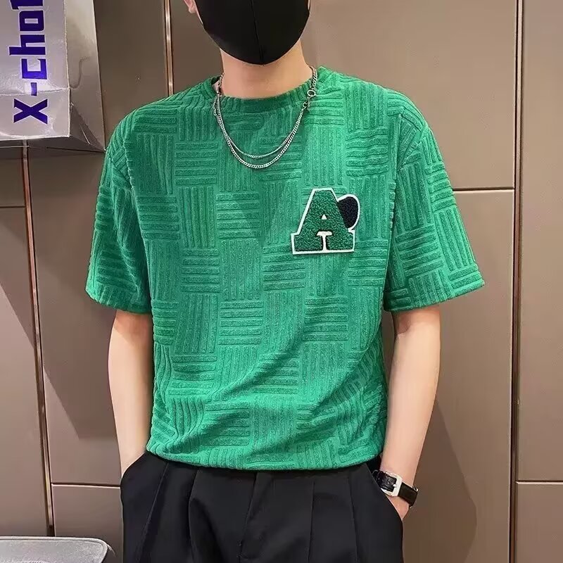 夏季新款男士刺绣重磅短袖T恤时尚潮流百搭圆领半袖上衣休闲打底t
