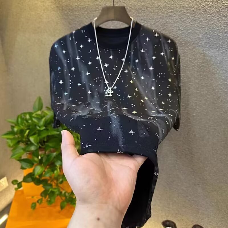 潮牌男士满天星烫钻设计感短袖T恤潮流轻奢高定星空圆领半袖