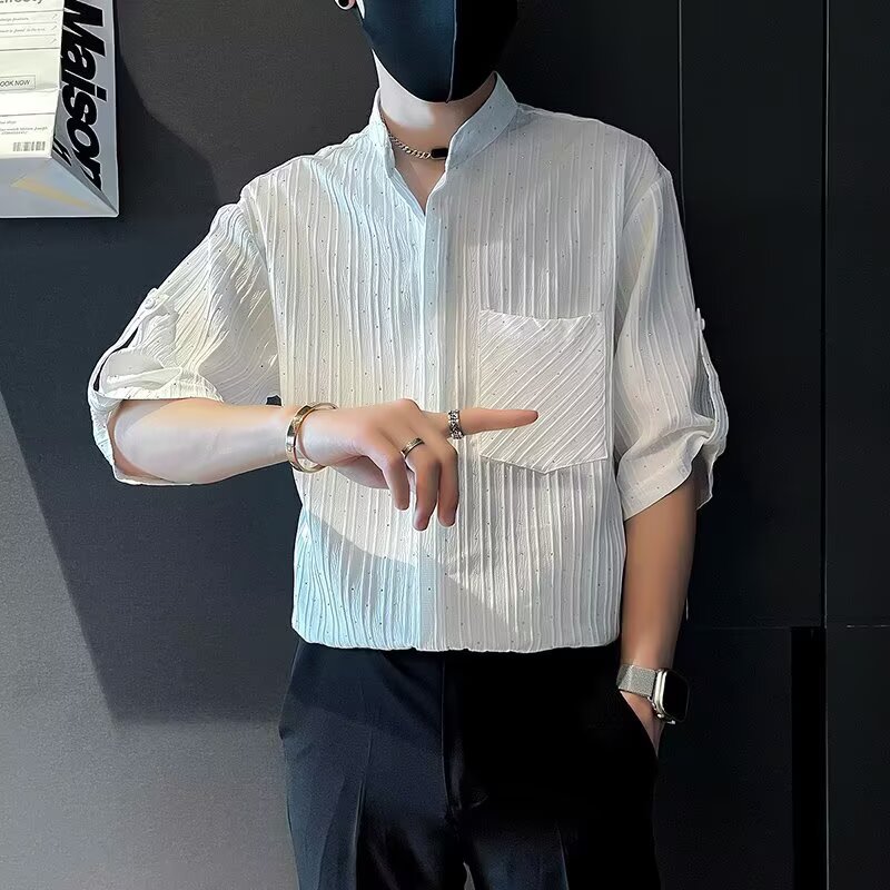 夏季高级感新款海浪条烫钻短袖衬衣男韩版时尚洋气垂感痞帅衬衫