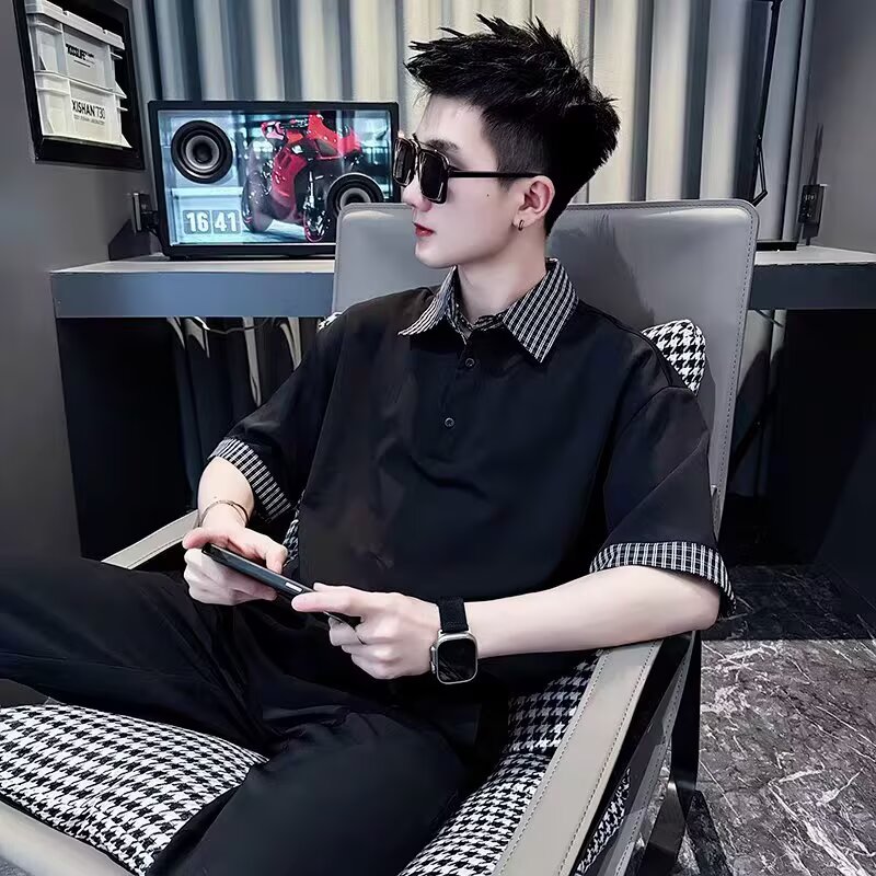 休闲格子假两件polo衫短袖男上衣青少年宽松美式潮牌夏季半袖T恤