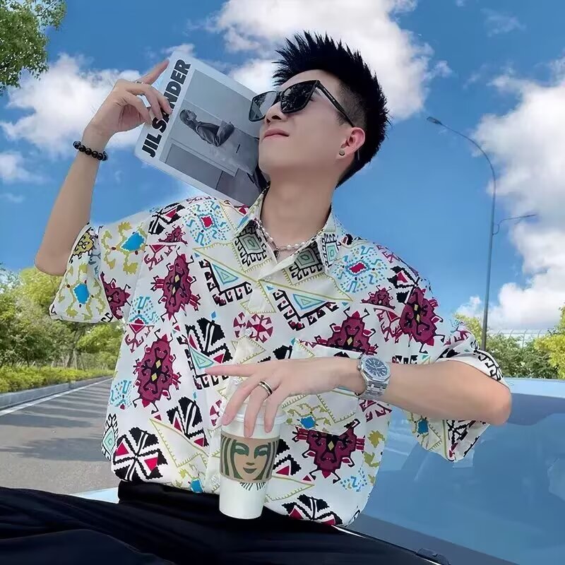 2026新款趣味小众满印短袖衬衫男夏季多巴胺穿搭宽松花衬衣时尚