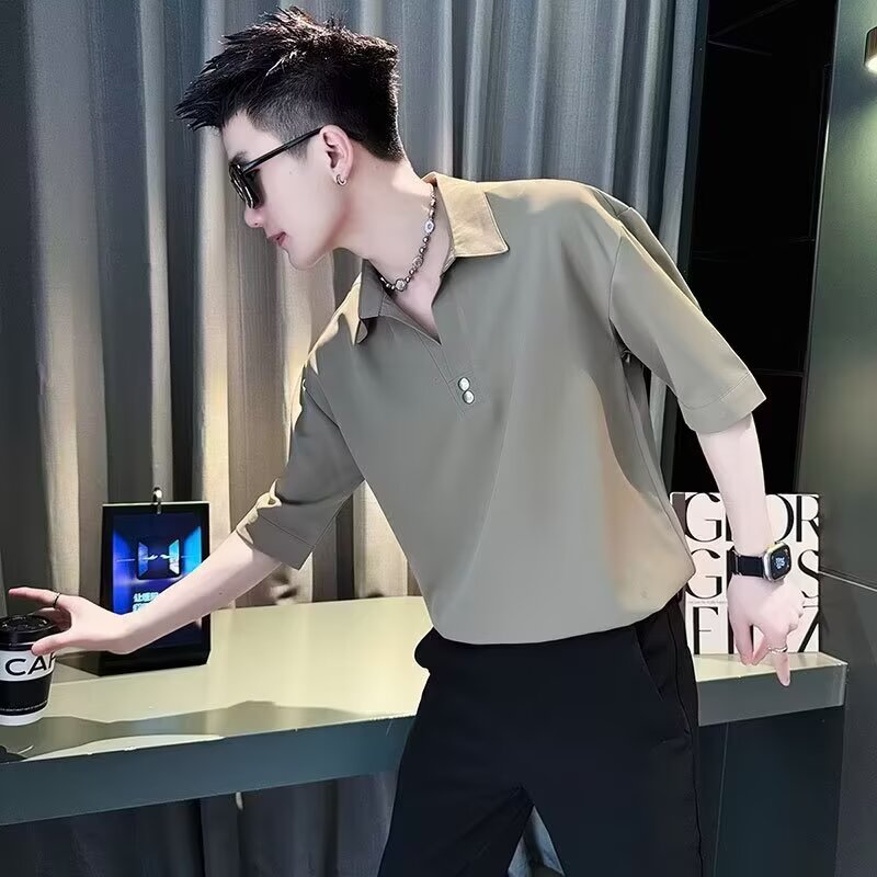 痞帅男士短袖T恤夏季七分袖衬衫轻熟风衣服高级感V领polo衫潮