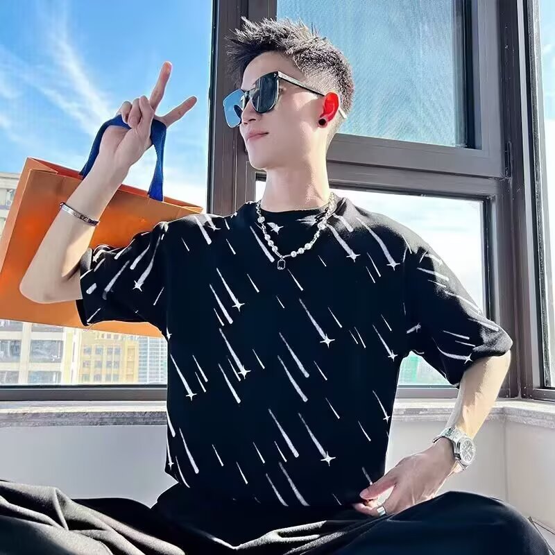 2026夏季韩版流星雨T恤男时尚宽松百搭弹打底透气五分短袖T气质