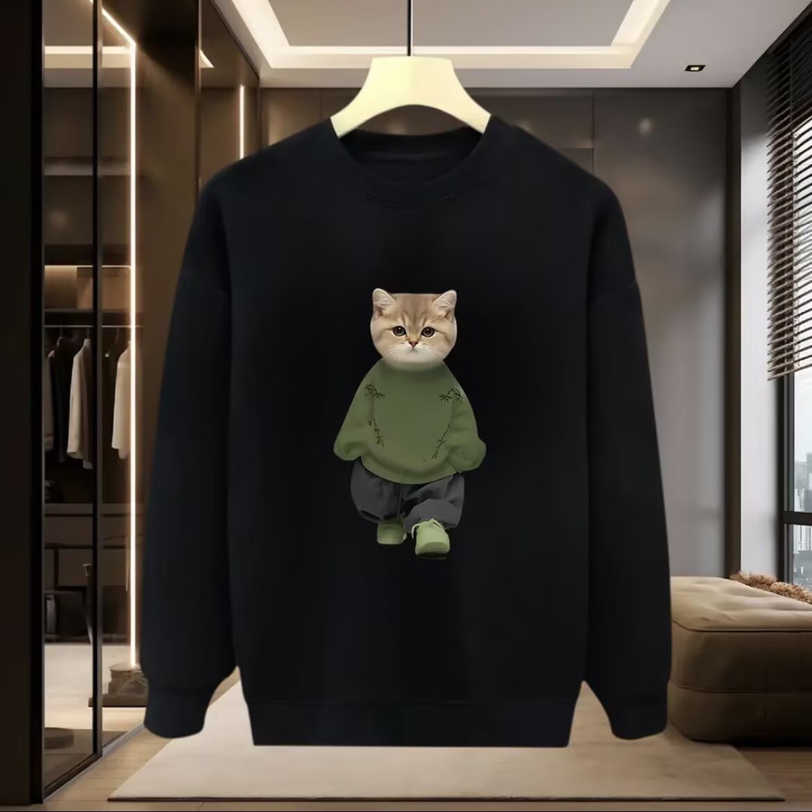 2026美式潮牌卡通小猫印花圆领卫衣男女秋冬百搭宽松休闲情侣上衣