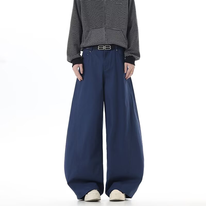 美式复古深蓝色弯刀牛仔裤男女秋季新款设计感小众宽松直筒阔腿裤