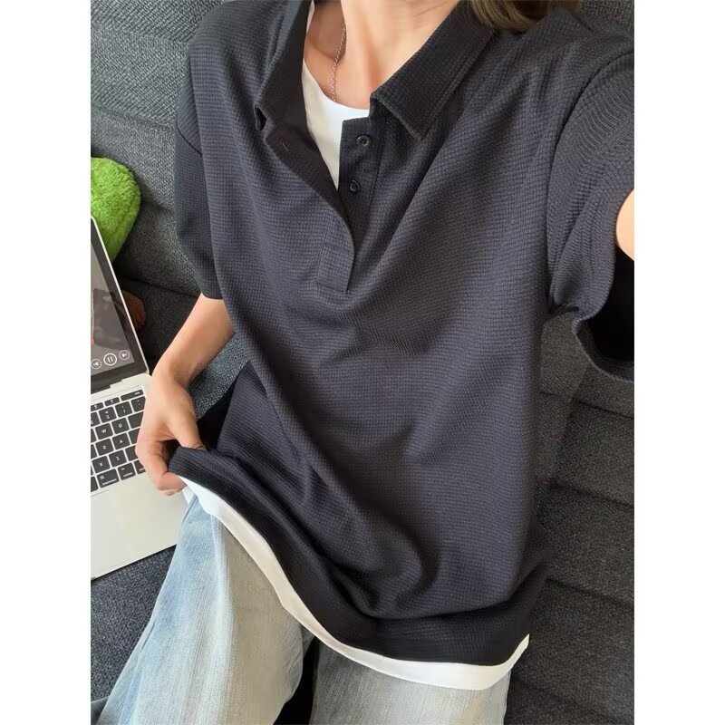 假两件polo衫短袖t恤男夏季2026新款翻领半袖重磅宽松老钱风上衣