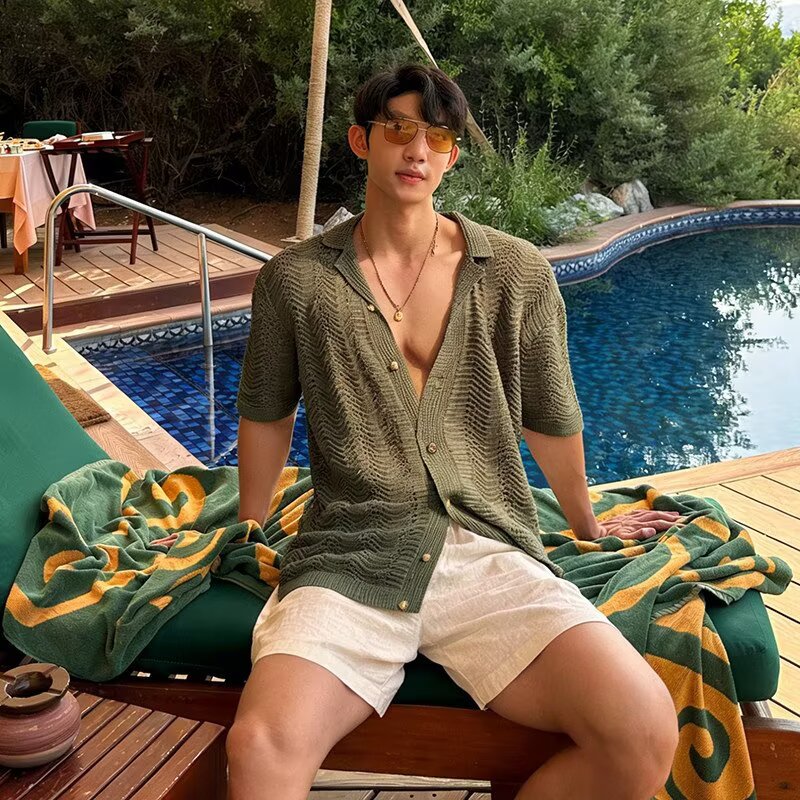 复古老钱风提花古巴领衬衫男2026夏季薄款潮流高级感男士短袖衬衣