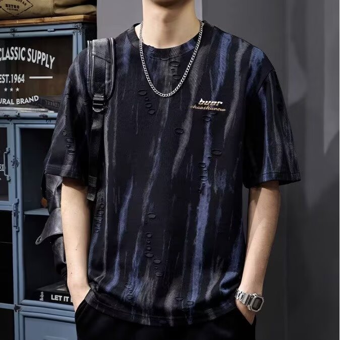 重磅ins潮牌复古重磅刺绣圆领t恤男夏季洗水做旧破洞宽松短袖上衣