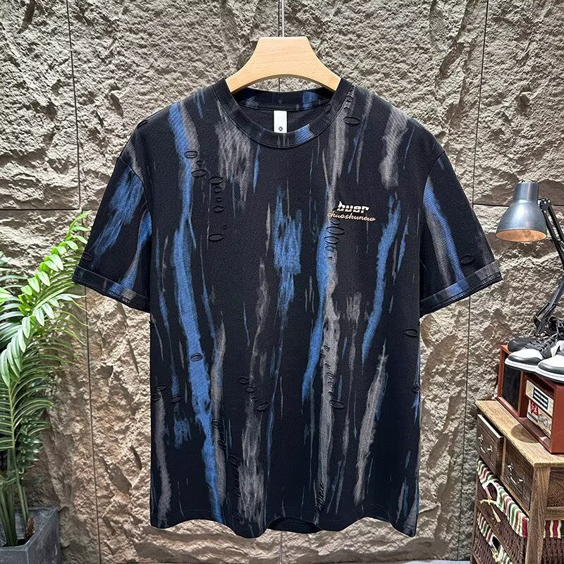 重磅ins潮牌复古重磅刺绣圆领t恤男夏季洗水做旧破洞宽松短袖上衣