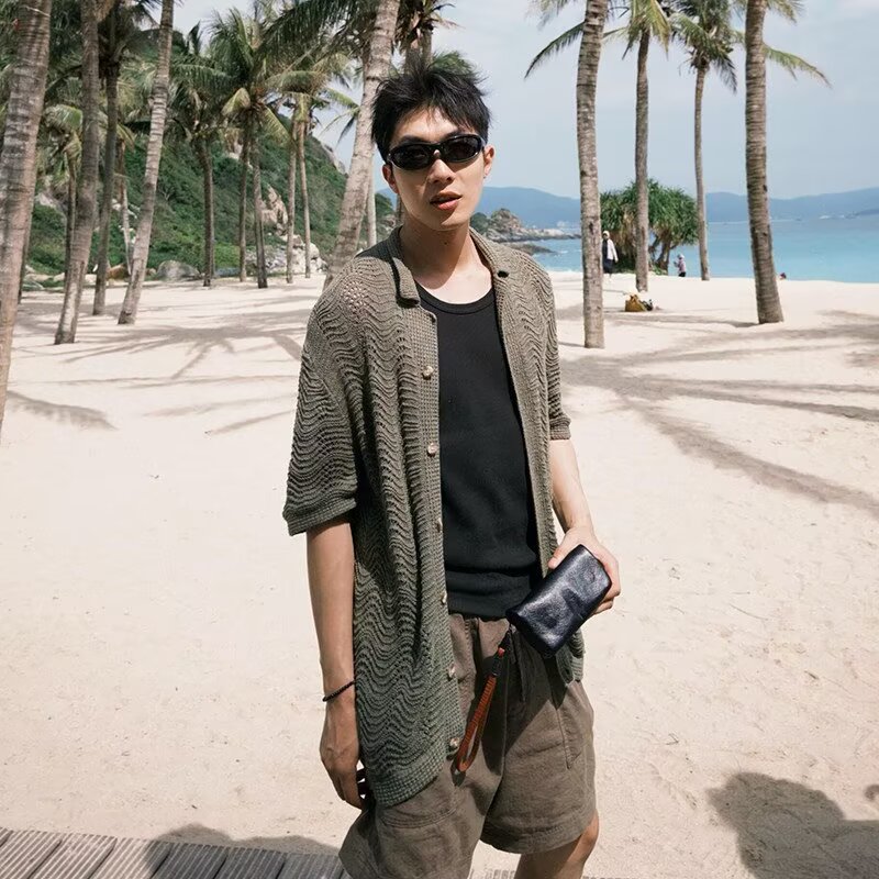 复古老钱风提花古巴领衬衫男2026夏季薄款潮流高级感男士短袖衬衣