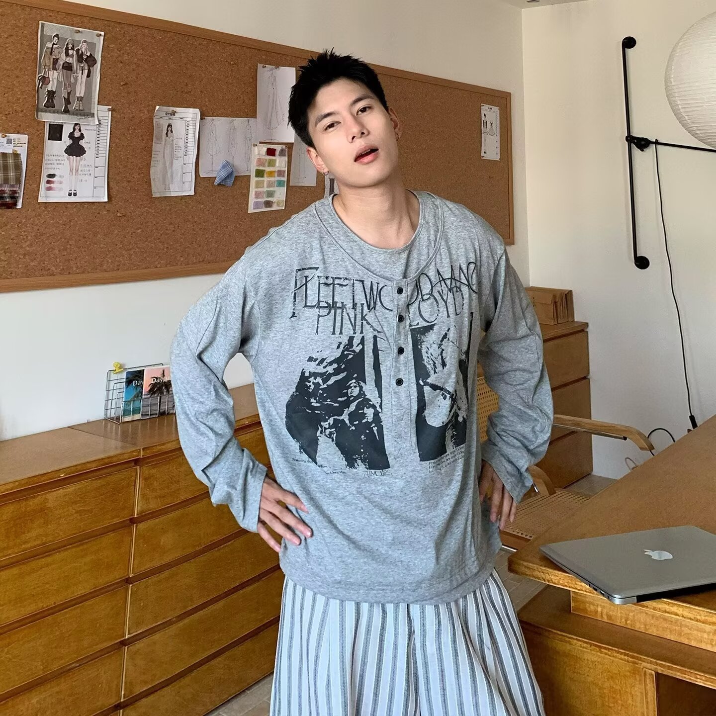 美式复古vintage印花假两件长袖T恤男春季2026新款宽松亨利领上衣