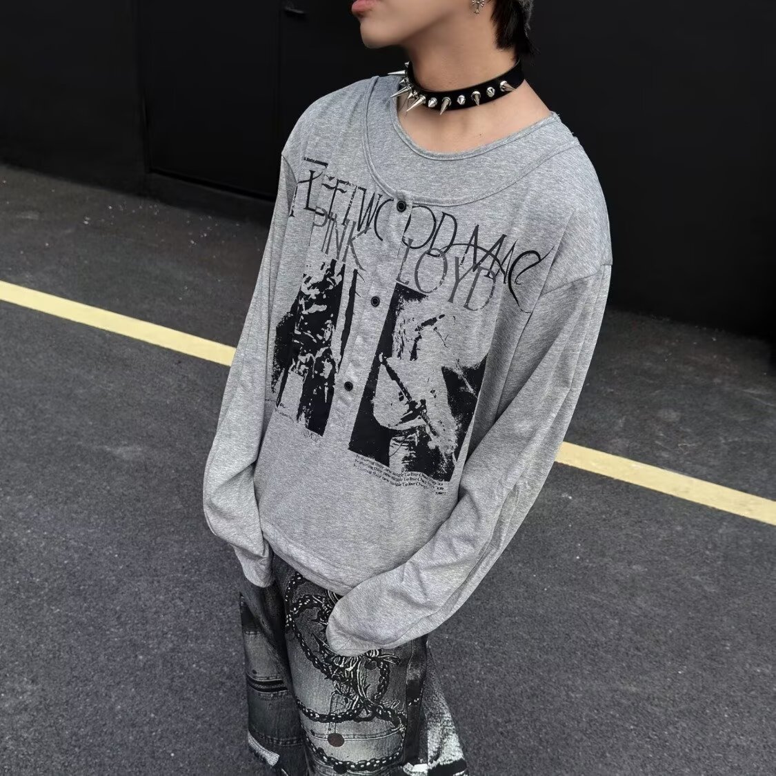 2026春季美式复古做旧印花长袖T恤男女ins宽松街头打底衫情侣上衣