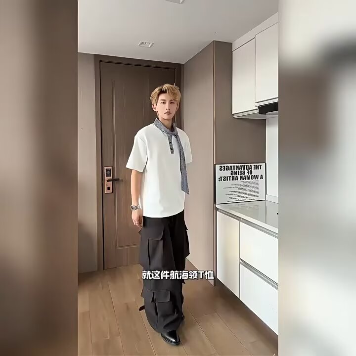 格子领带航海系短袖P0L0衫男女设计感T恤夏季假两件情侣上衣