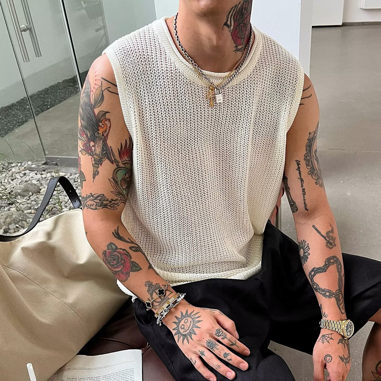 2026夏季小众设计感个性中性风银色镂空网纱短袖T恤男背心夏季潮