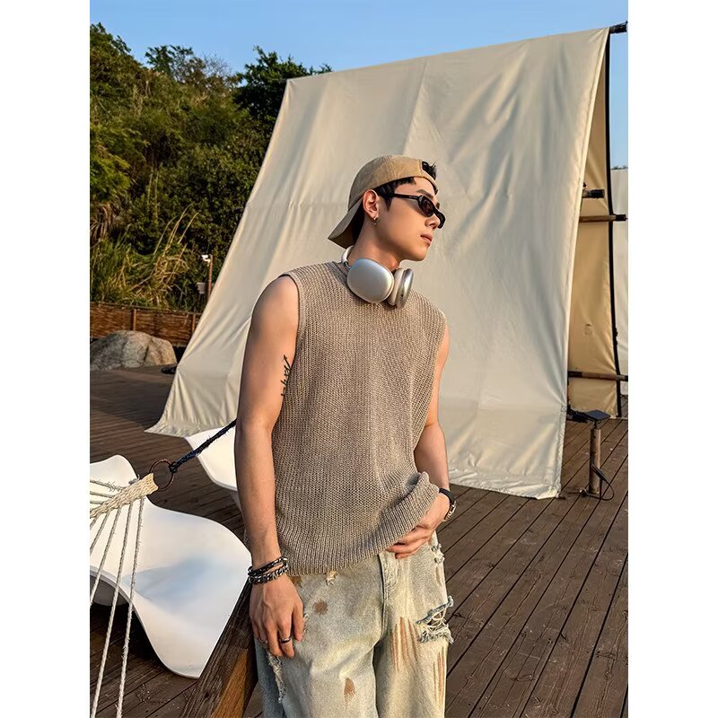 2026夏季小众设计感个性中性风银色镂空网纱短袖T恤男背心夏季潮