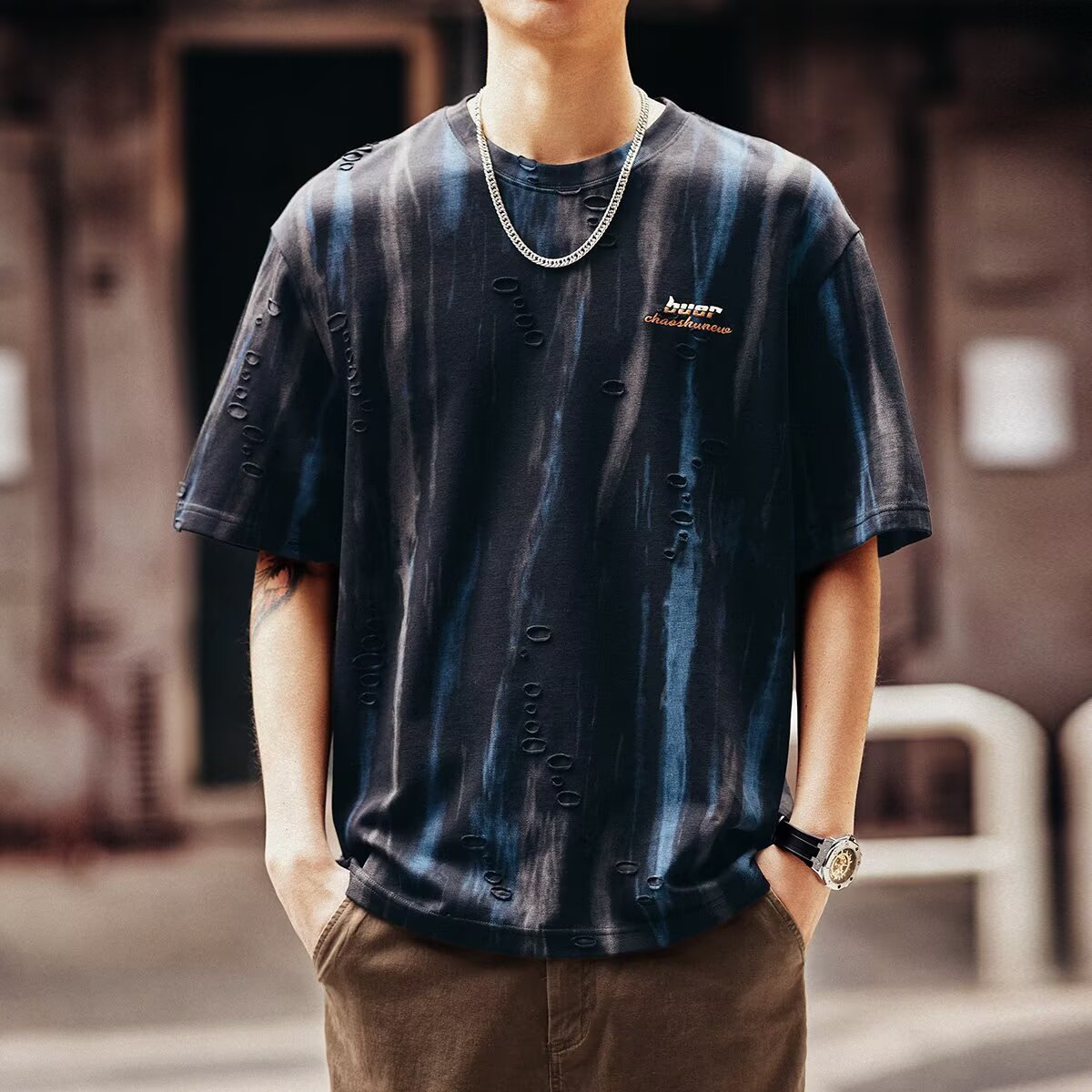 重磅ins潮牌复古重磅圆领t恤男2026夏季洗水做旧印花宽松短袖上衣