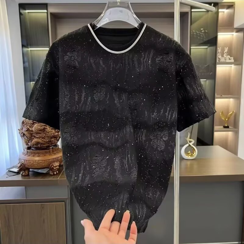 2026春夏新款男款上衣爆款轻奢高定短袖潮流亮片渐变破洞圆领体恤