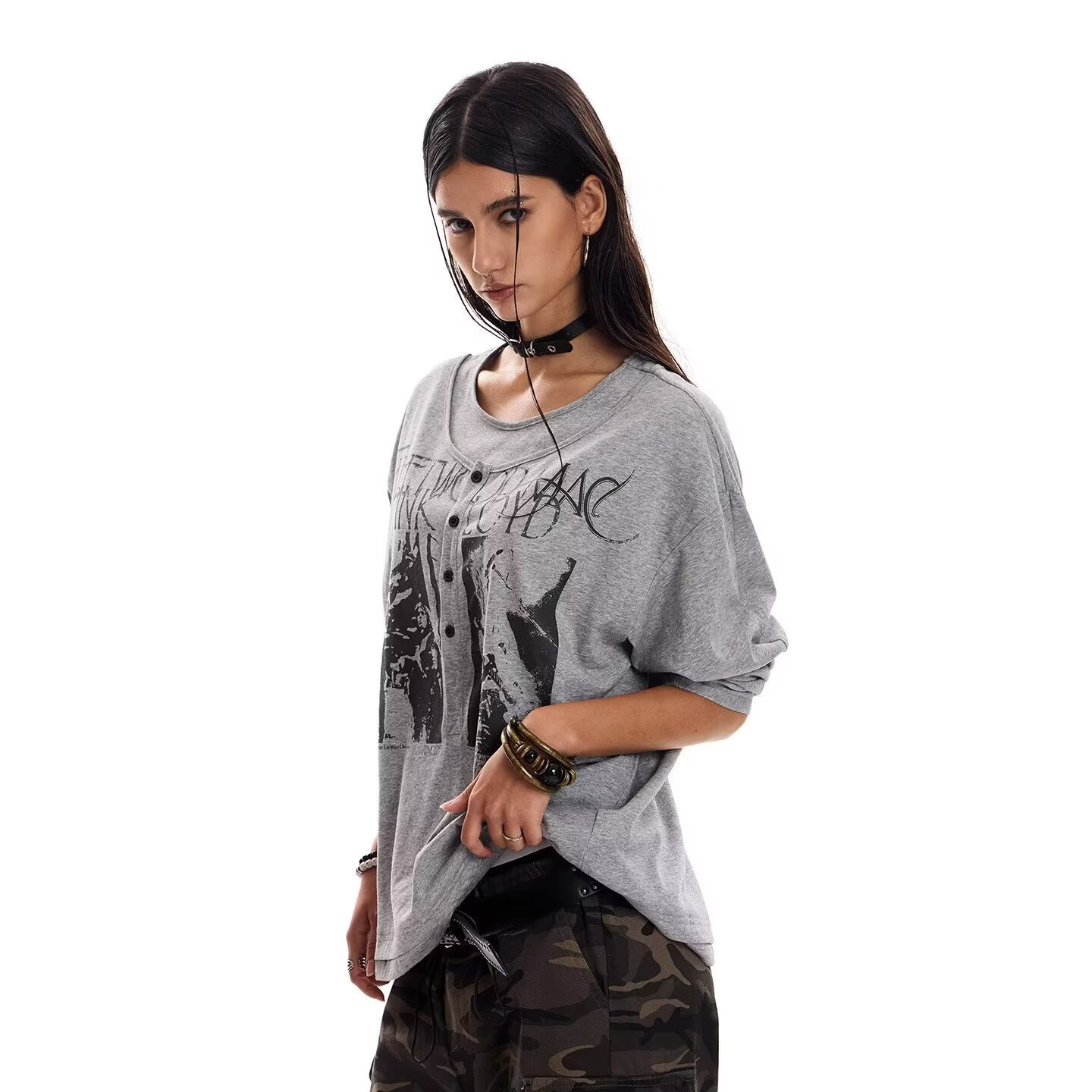 美式复古vintage印花假两件长袖T恤女春季2026新款宽松亨利领上衣