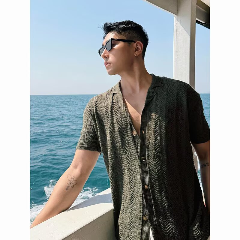 复古老钱风提花古巴领衬衫男2026夏季薄款潮流高级感男士短袖衬衣