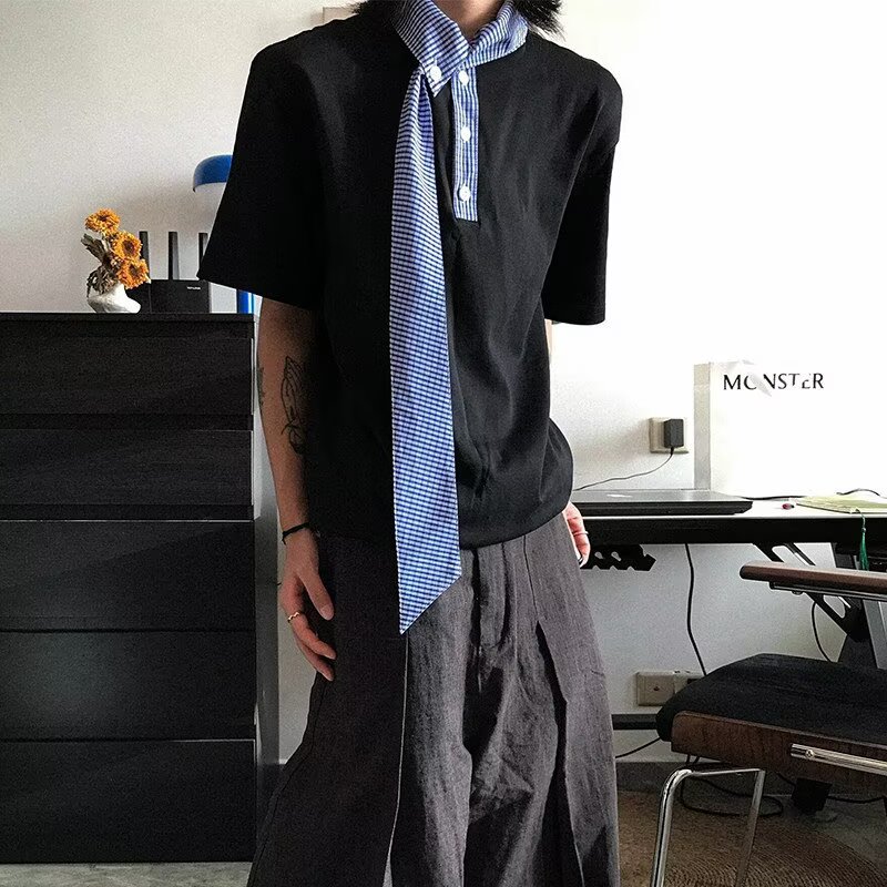 格子领带航海系短袖P0L0衫男女设计感T恤夏季假两件情侣上衣