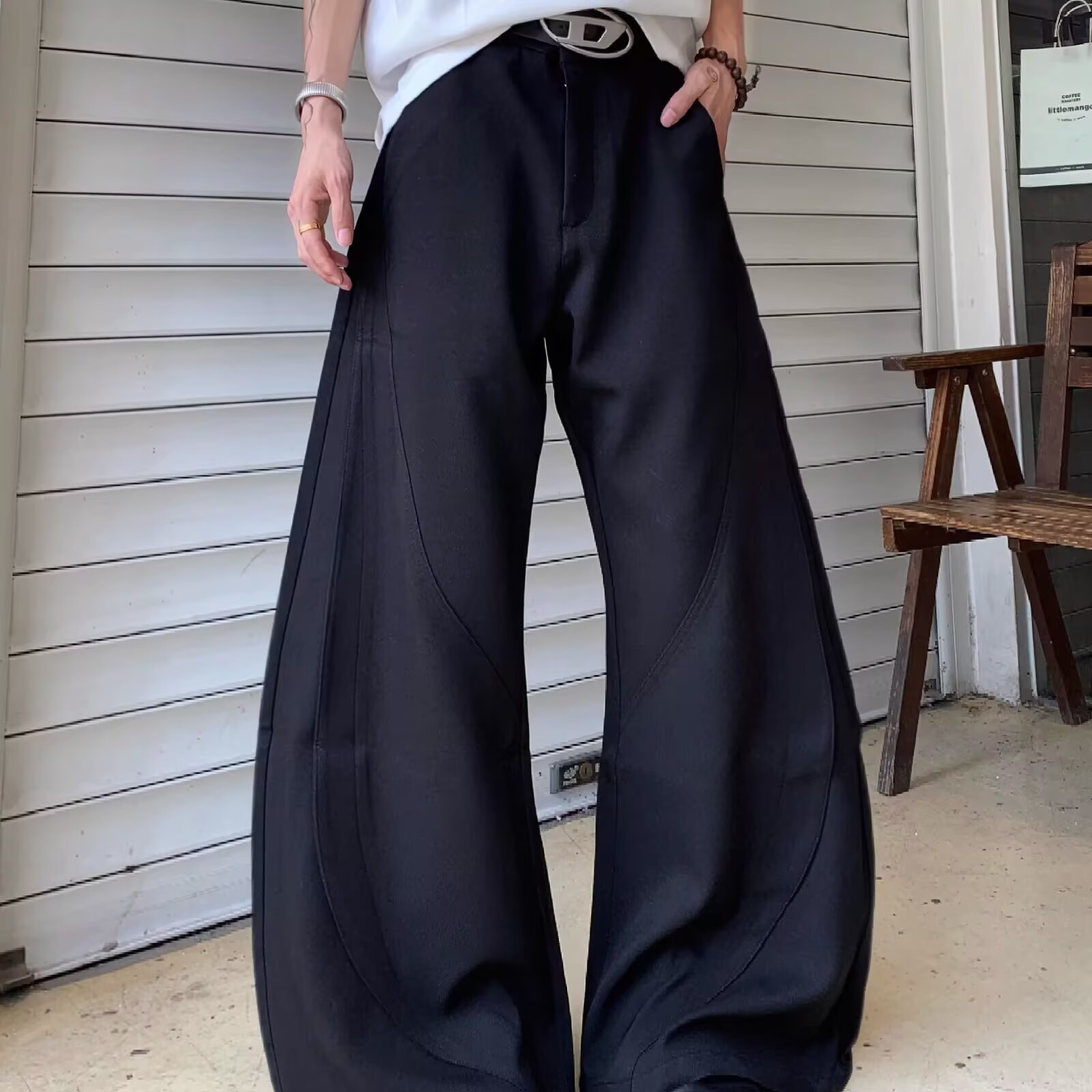 2026春季小众解构廓形灰色弯刀西裤cleanfit显瘦拖地阔腿裤男女款