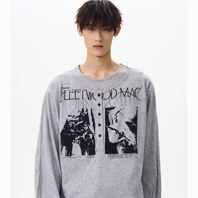 美式复古vintage印花假两件长袖T恤男春季2026新款宽松亨利领上衣