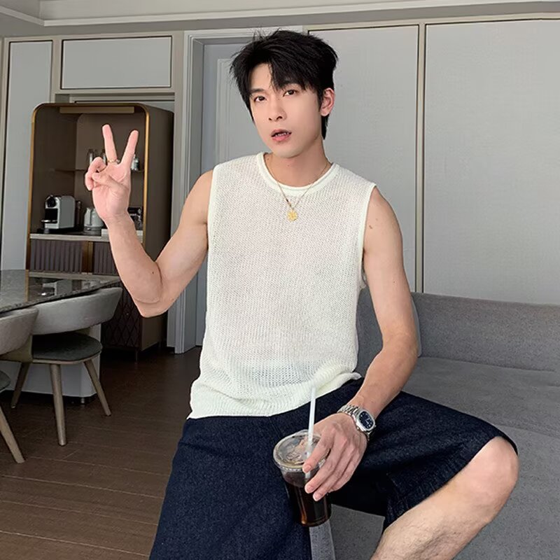 2026夏季小众设计感个性中性风银色镂空网纱短袖T恤男背心夏季潮