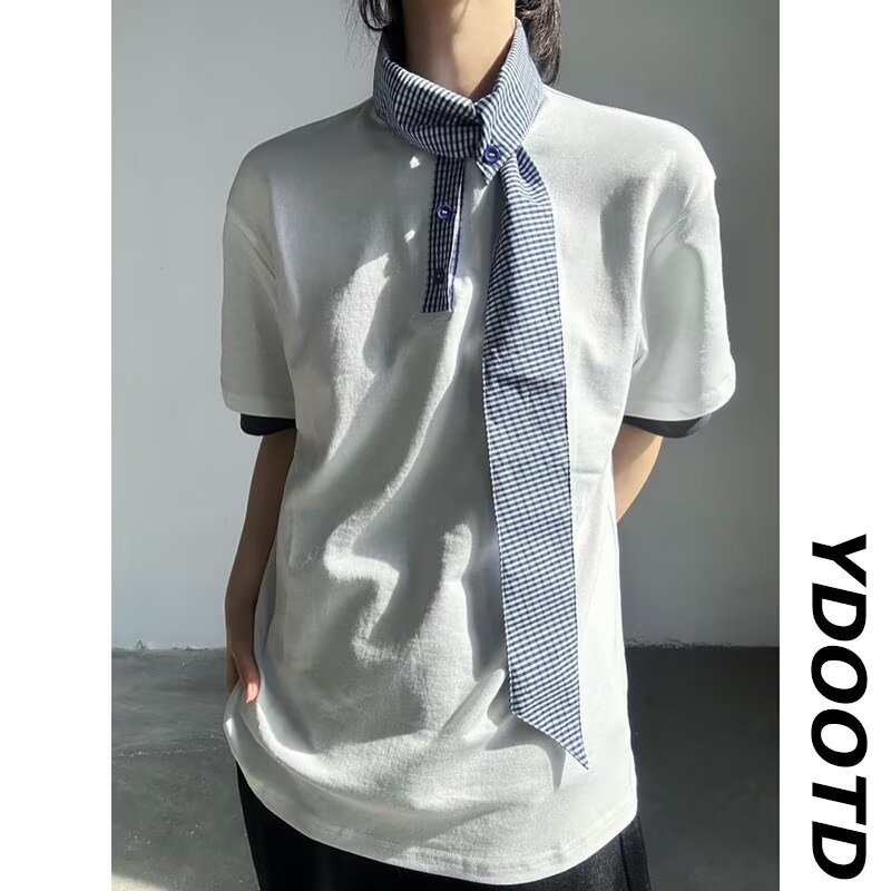 格子领带航海系短袖P0L0衫男女设计感T恤夏季假两件情侣上衣