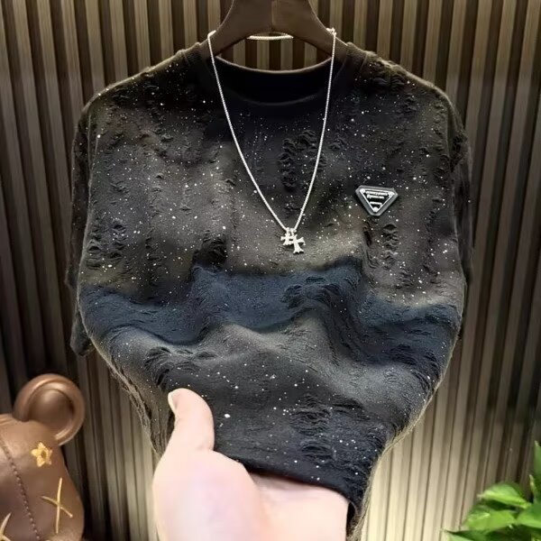 2026新款男士满天星轻奢高定半袖潮牌设计感时尚休闲百搭短袖T恤