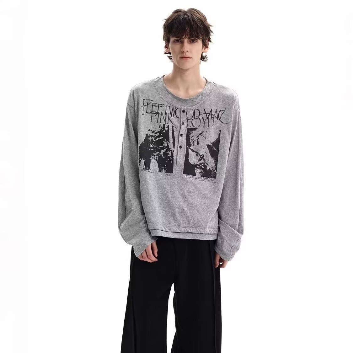 美式复古vintage印花假两件长袖T恤男春季2026新款宽松亨利领上衣